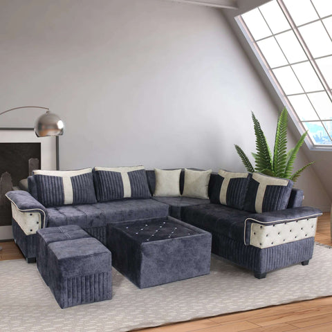 Cozy L Shape Fabric 8 Seater Sofa Blue