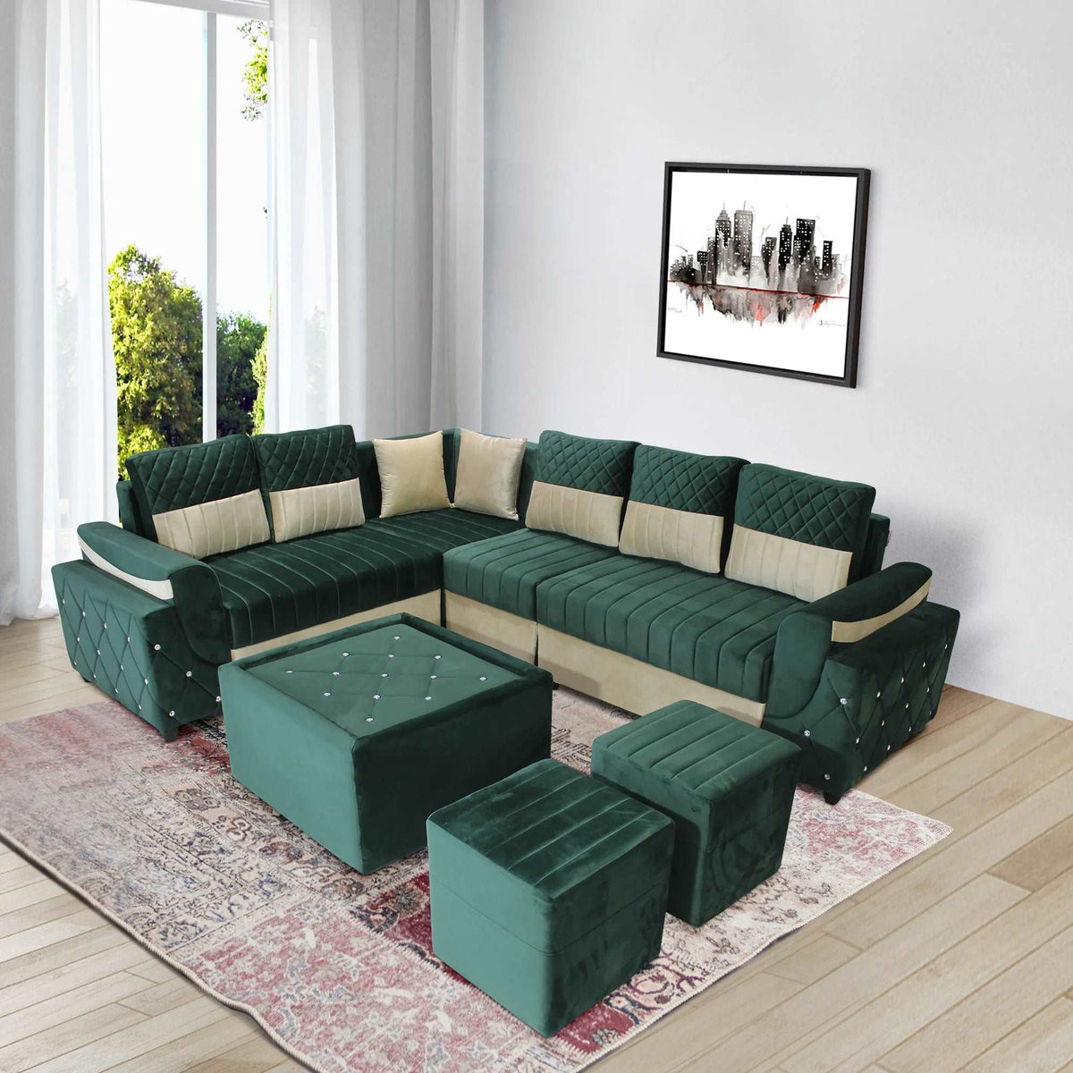 Torquo L Shape Fabric 8 Seater Sofa Set Green