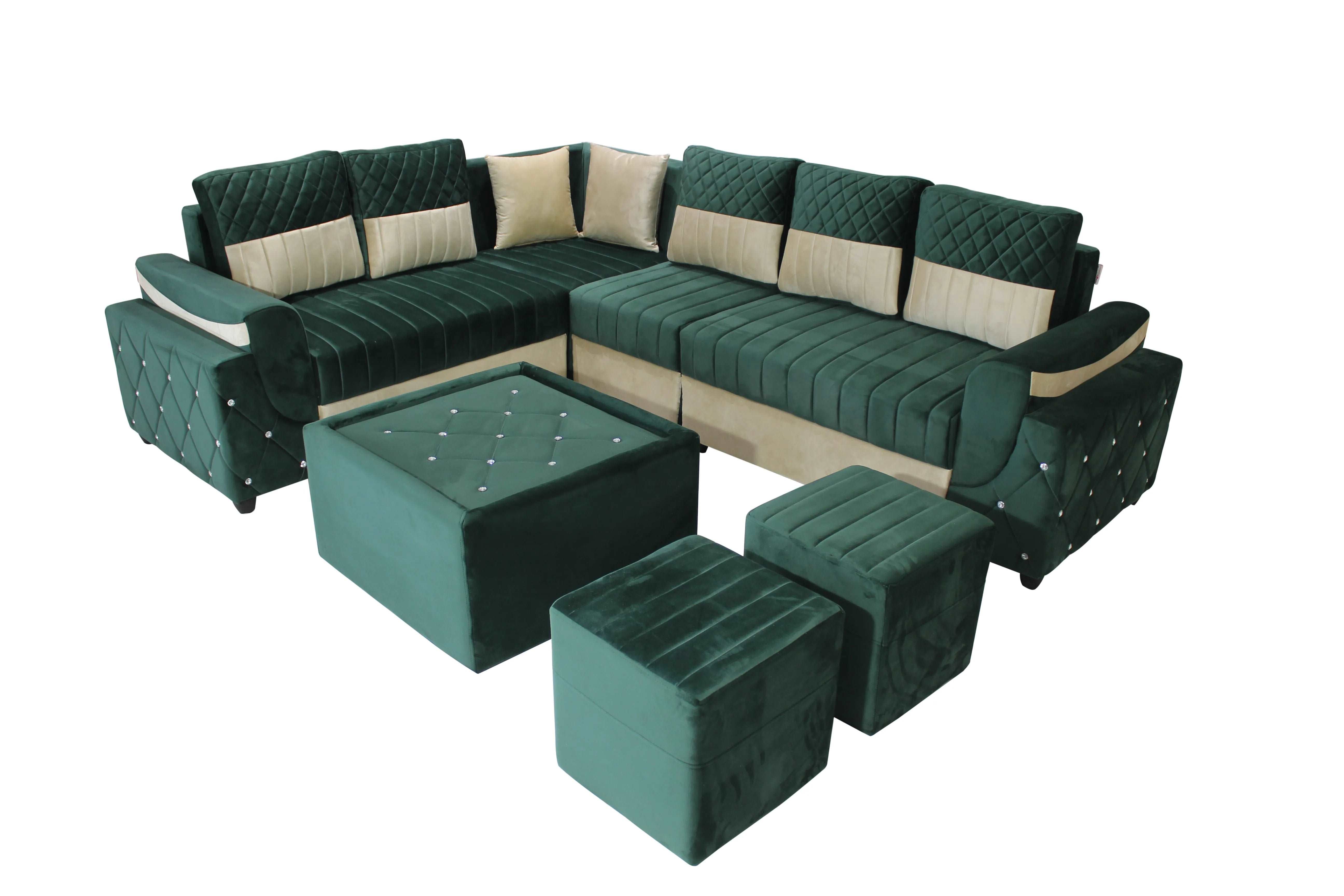 Torquo L Shape Fabric 8 Seater Sofa Set Green