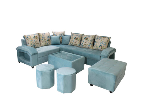 Ventura L-Shape Fabric 9 Seater Sofa with Puffy, Center Table, and Divider