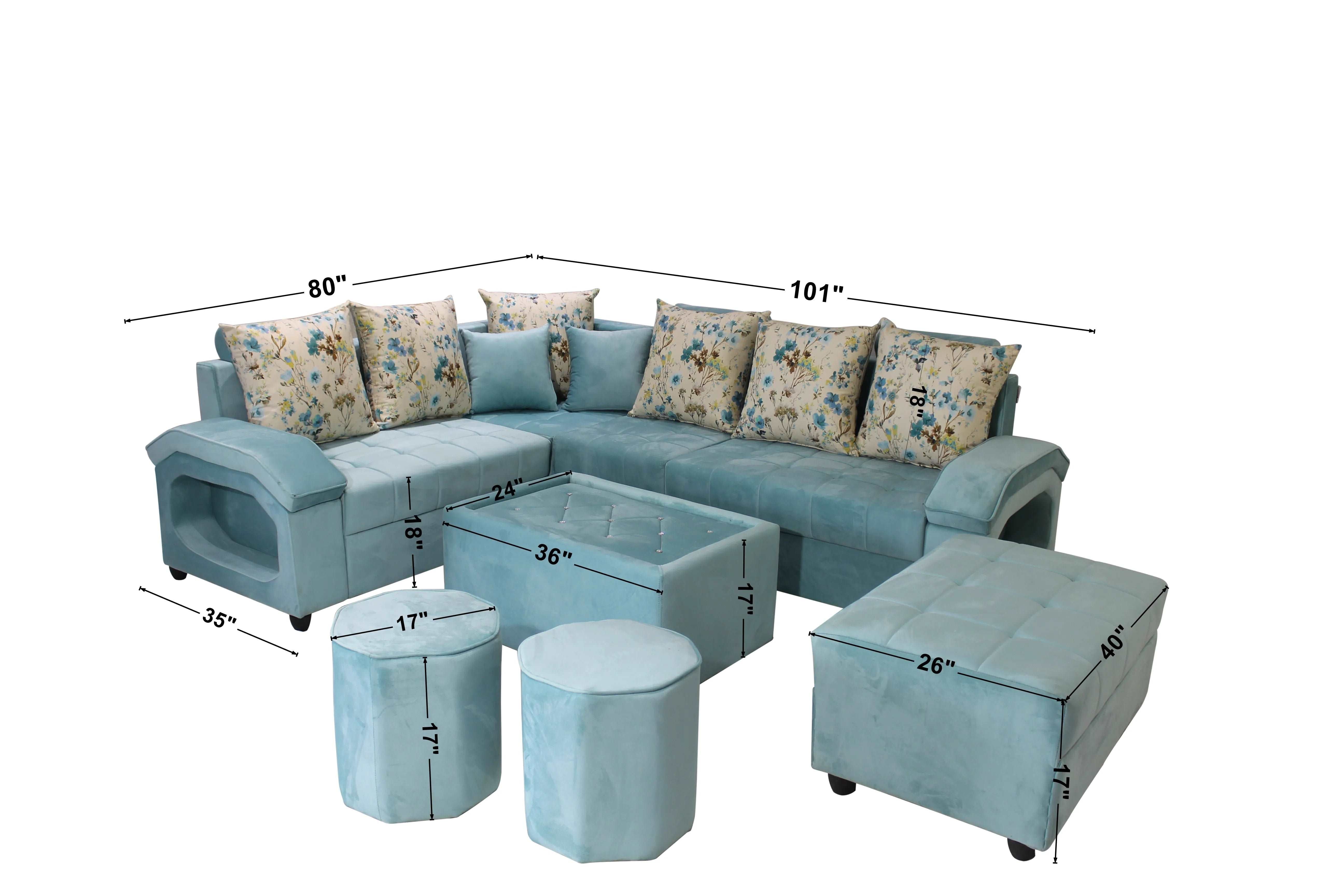 Ventura L-Shape Fabric 9 Seater Sofa with Puffy, Center Table, and Divider
