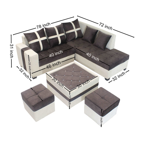 Futon Five Seater Sofa Set with Center Table & Puffy (Brown)