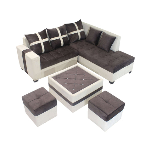 Futon Five Seater Sofa Set with Center Table & Puffy (Brown)