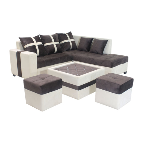 Futon Five Seater Sofa Set with Center Table & Puffy (Brown)